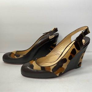 Christian Louboutin slingback pumps heels leopard brown wedge pony hair 36.5